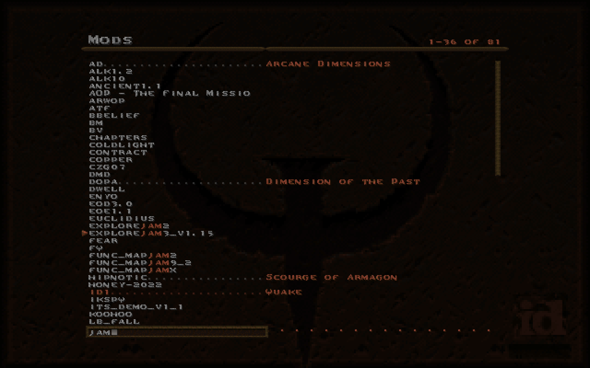 Mod menu with search functionality