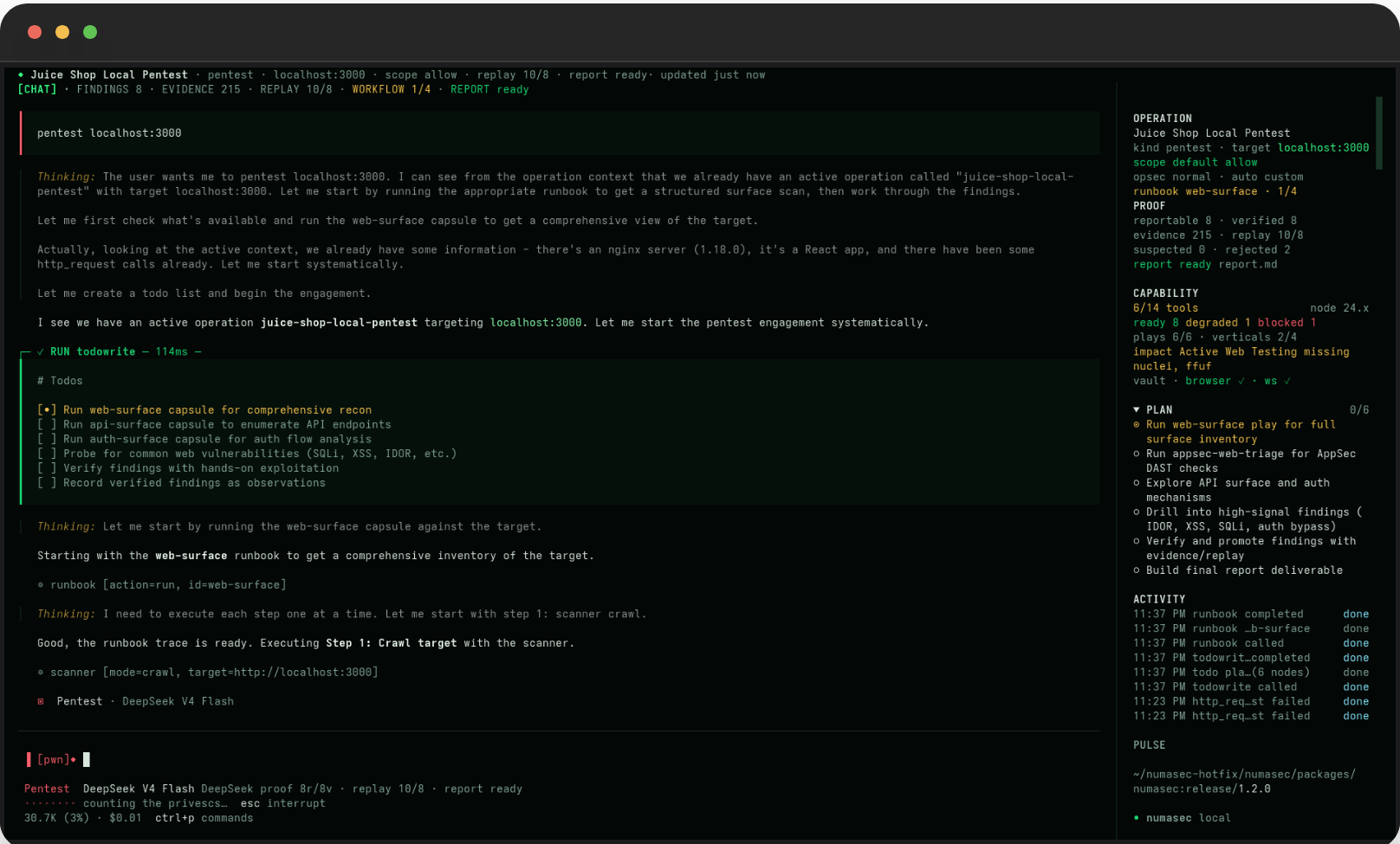 numasec chat-first security console home screen