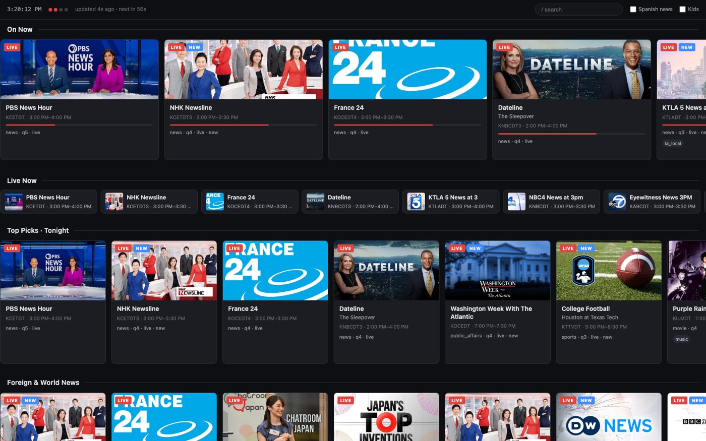 TVBrain dashboard: On Now rail with live PBS News Hour, NHK Newsline, France 24; Live Now strip; Top Picks and Foreign & World News rails