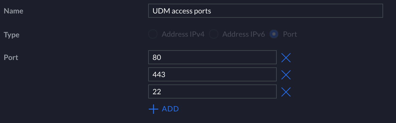 建立UDM access ports群組做為防火牆規則的DESTINATION
