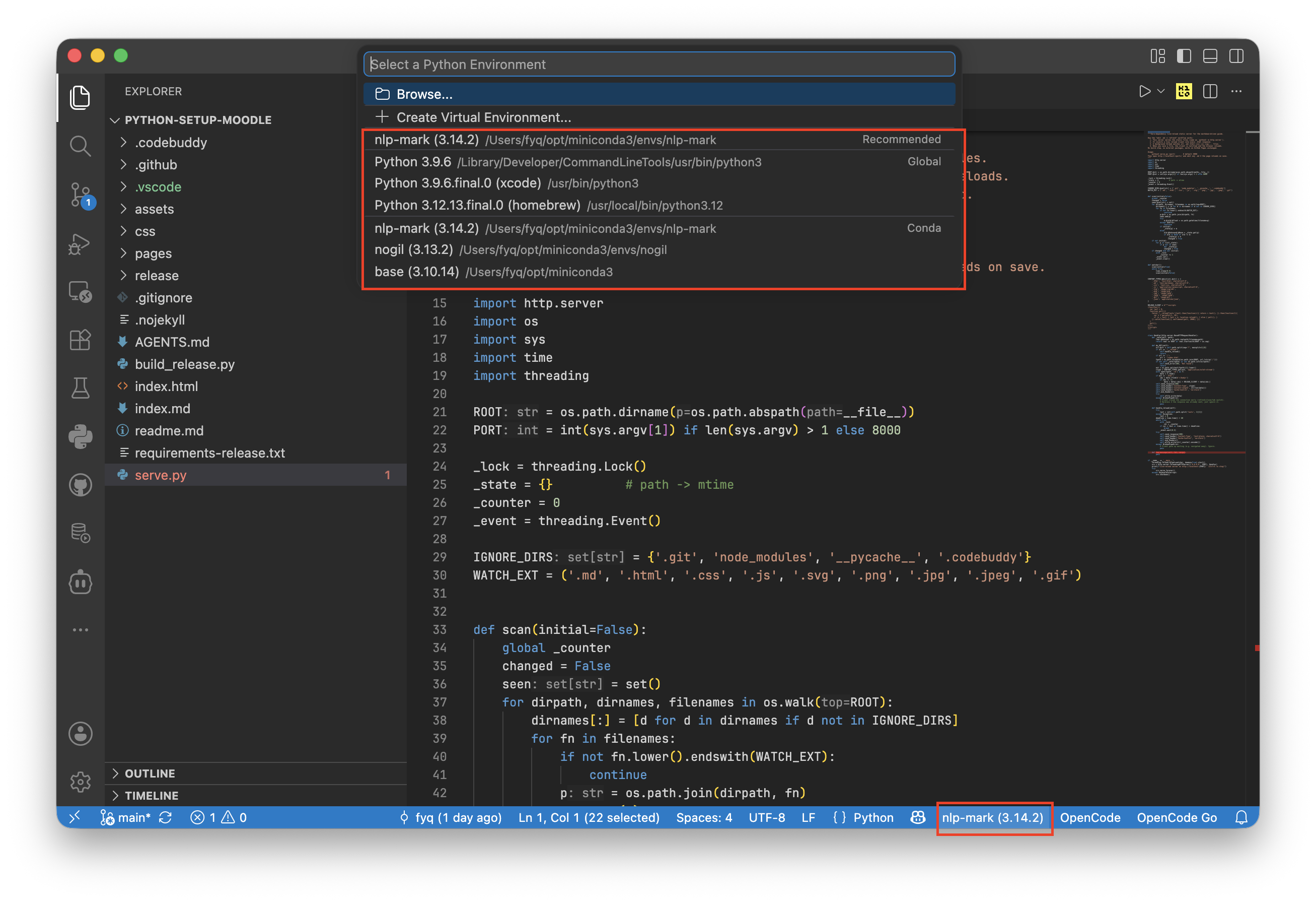 Screenshot of VS Code — the "Python: Select Interpreter" picker, highlighting the virtual environment created in Chapter 3.