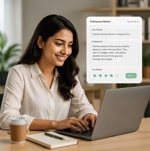 AI Generalist — woman reviewing AI responses on laptop