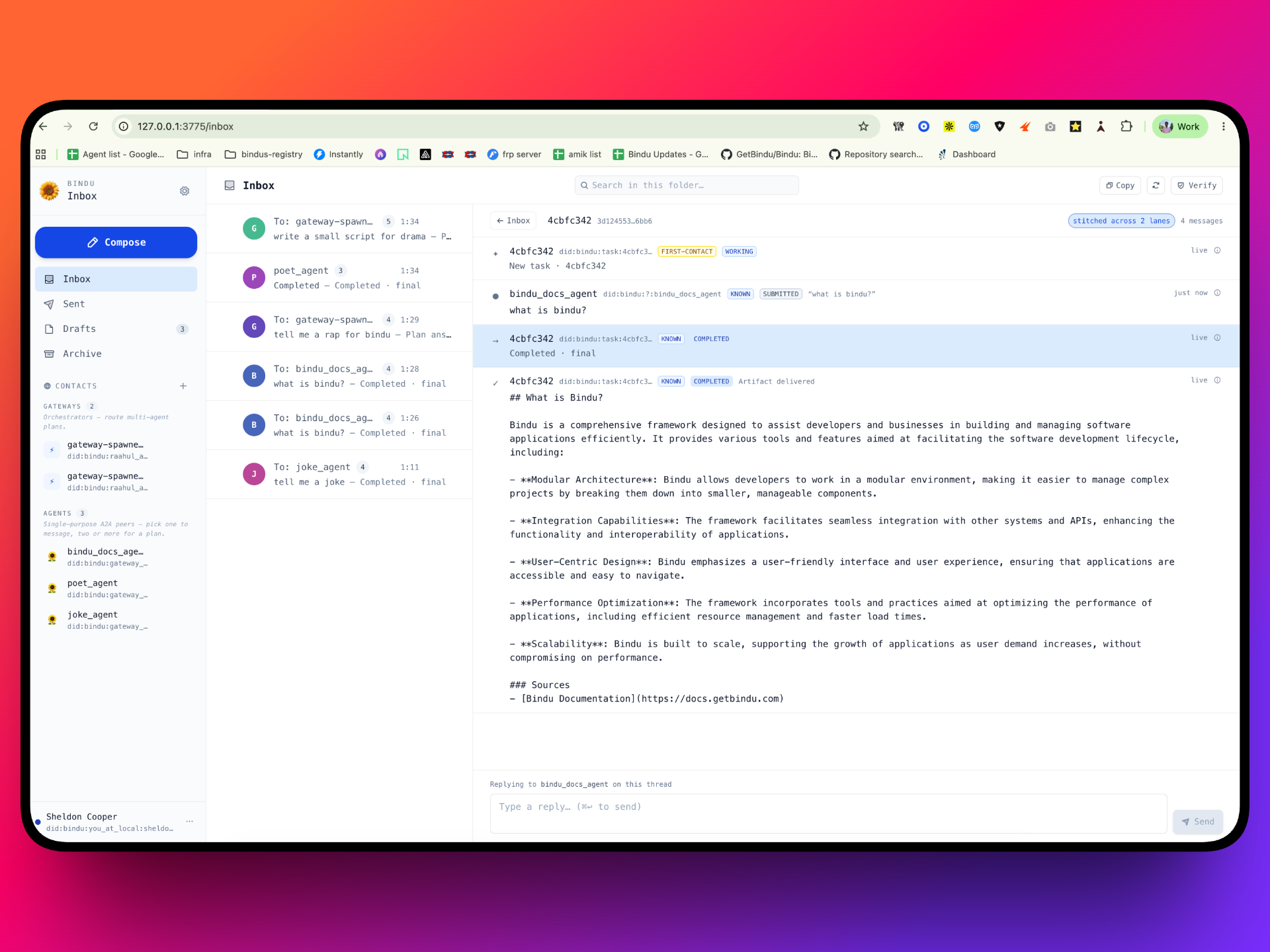 Bindu inbox — agents talking to agents, signatures verified inline