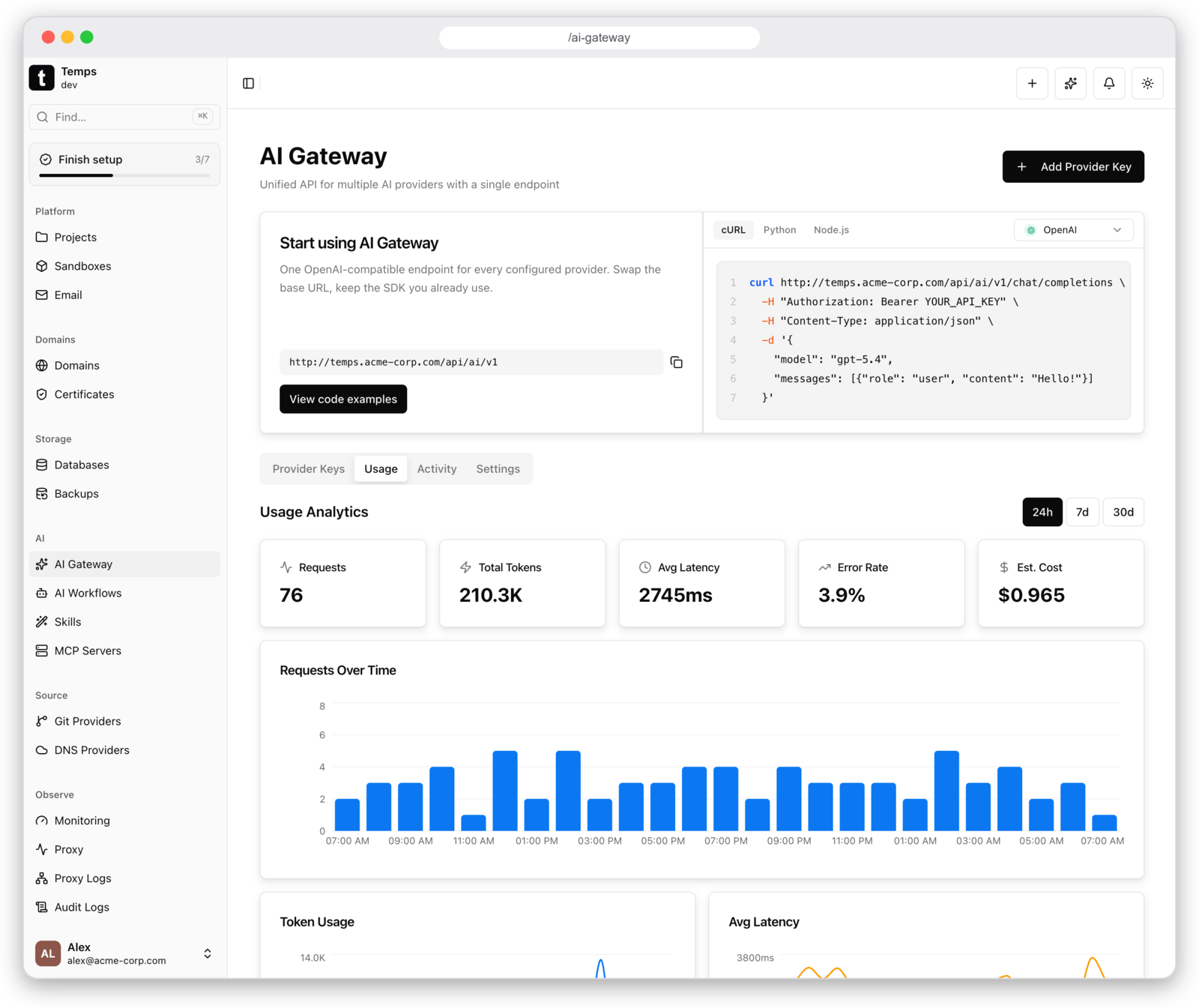 Temps AI Gateway usage analytics — requests, tokens, latency, error rate and estimated cost