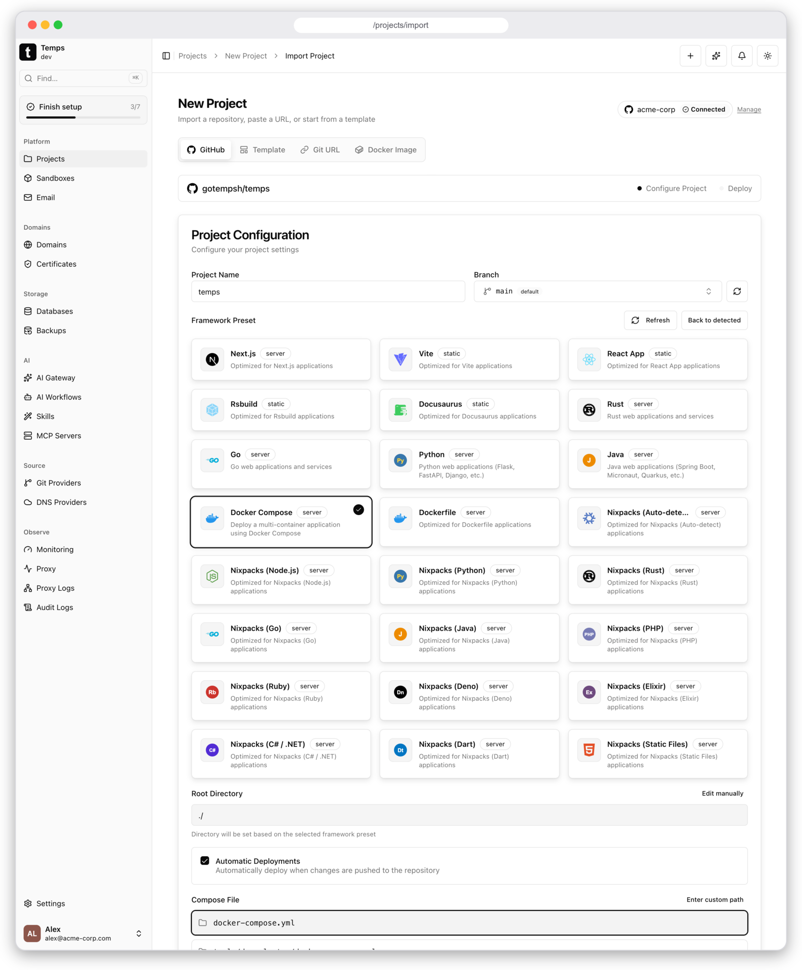 Importing a public repository in Temps — framework presets are auto-detected before deploy
