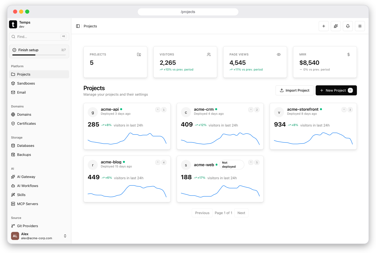 Temps projects dashboard — all projects with visitors and status