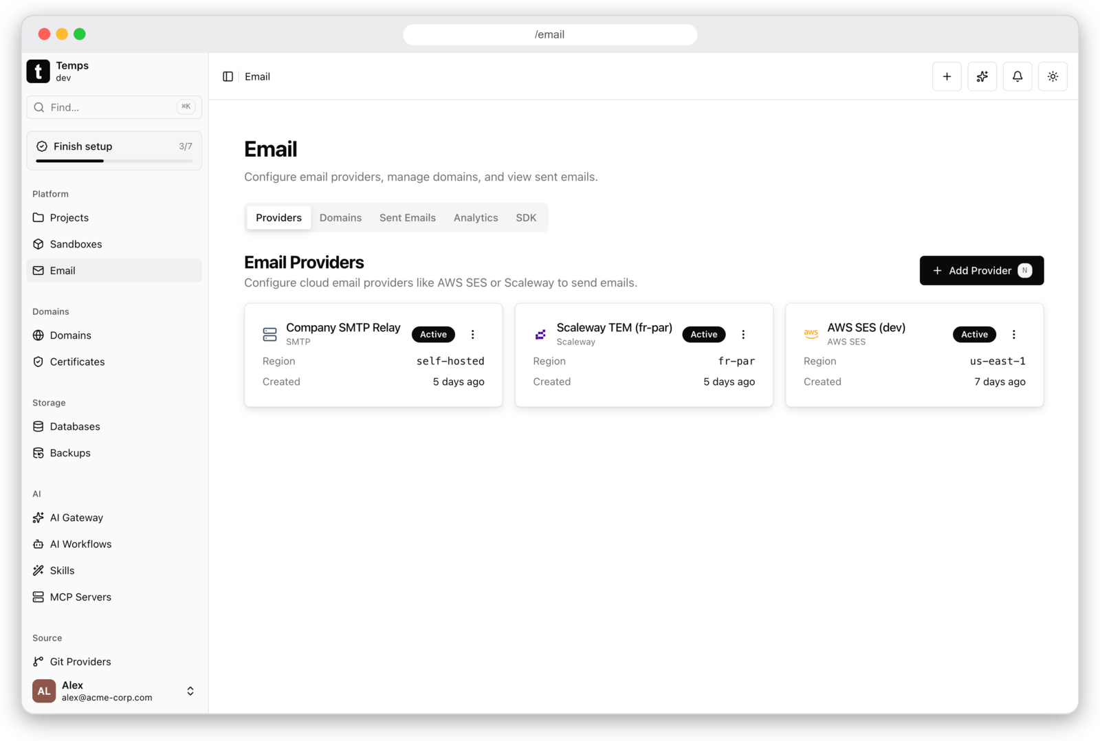 Temps email providers — SMTP, Scaleway and AWS SES