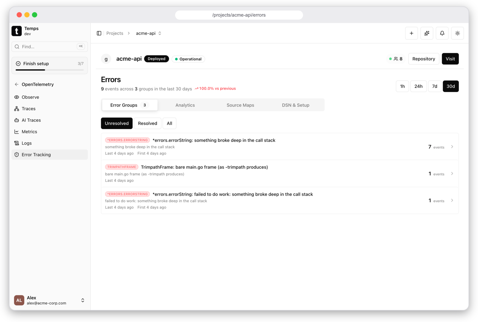 Temps error tracking — error groups with events and timelines