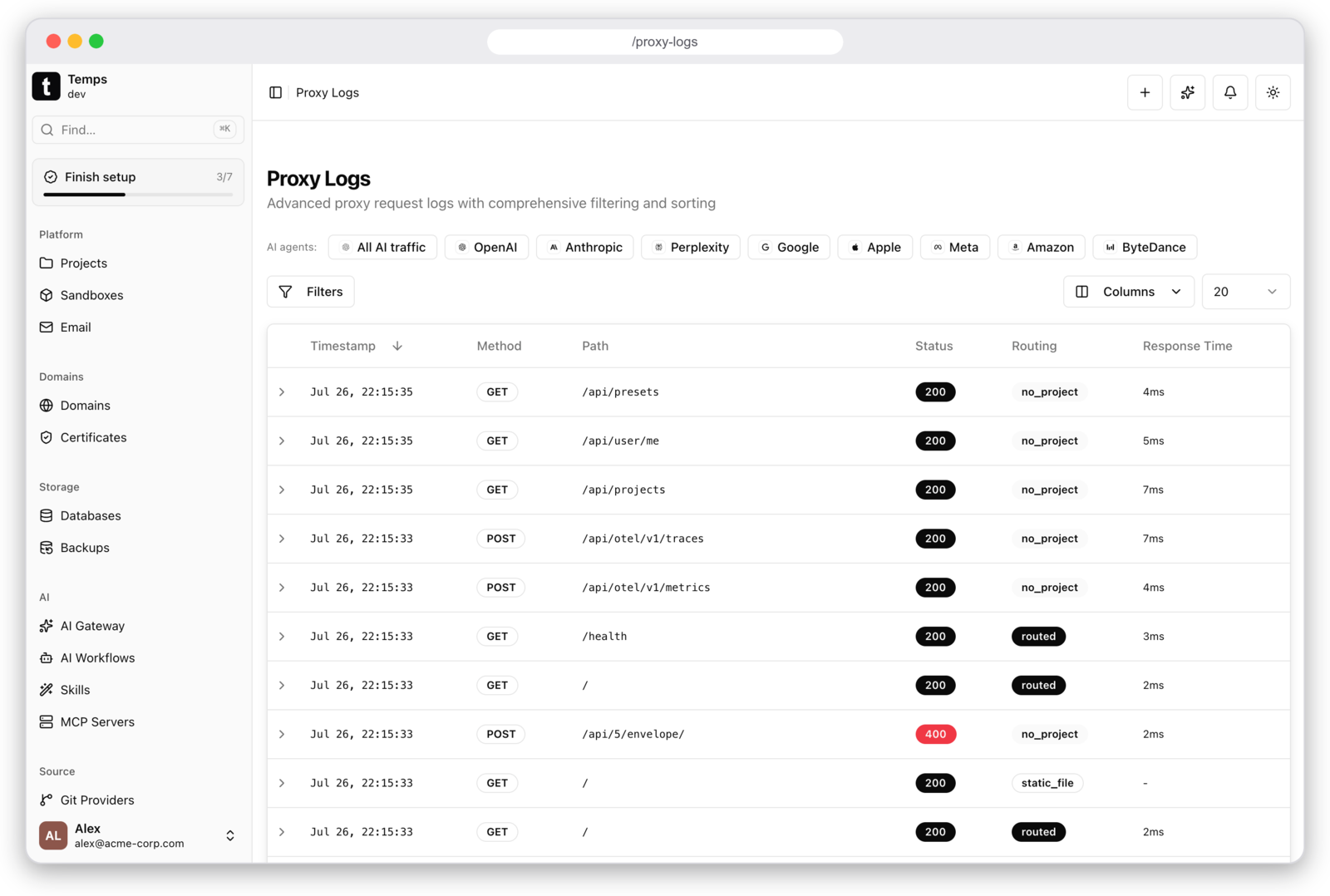 Temps proxy request logs with AI agent filtering