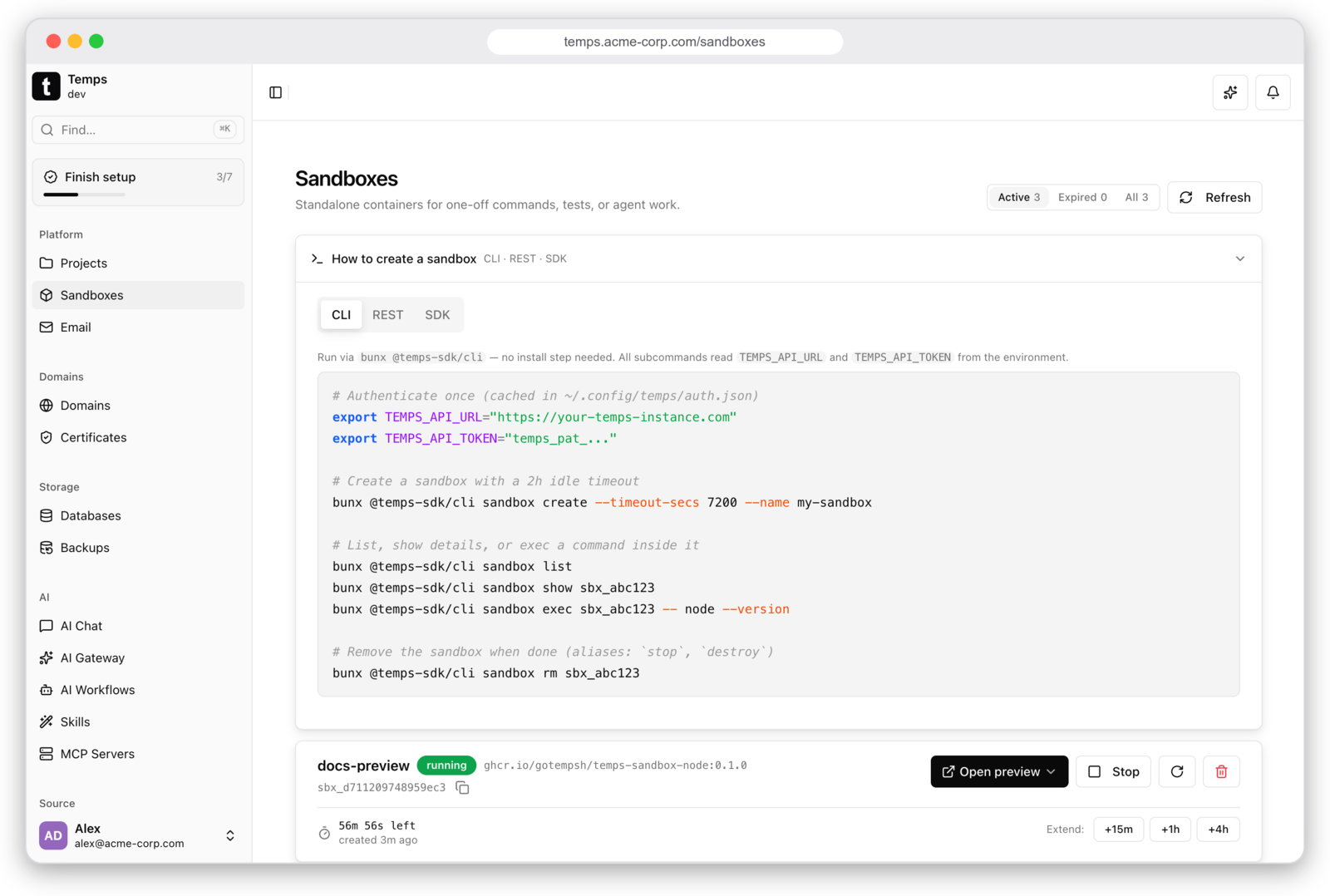 Temps sandboxes — running sandboxes with copy-paste CLI, REST and SDK snippets