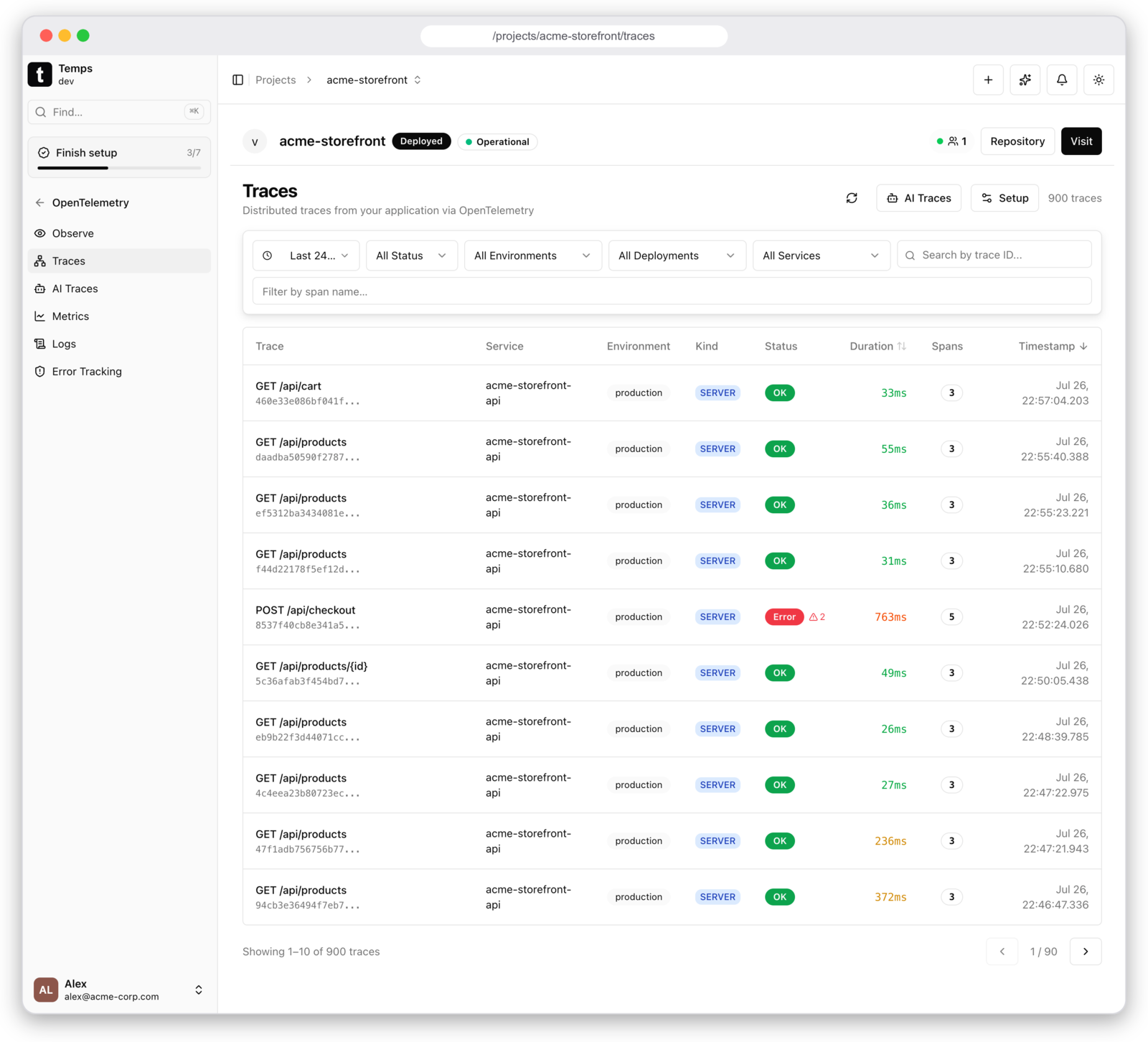 Temps distributed traces — per-request latency, span counts and errors across services