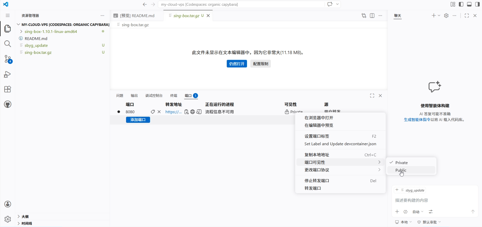 GitHub Codespaces 端口转发设置:右键修改 8080 端口可见性为 Public 解决 VPS 连接超时截图