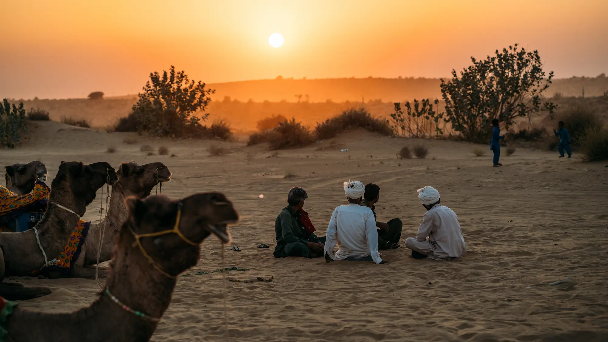 Camel walkers resting during sunset, Jaisalmer