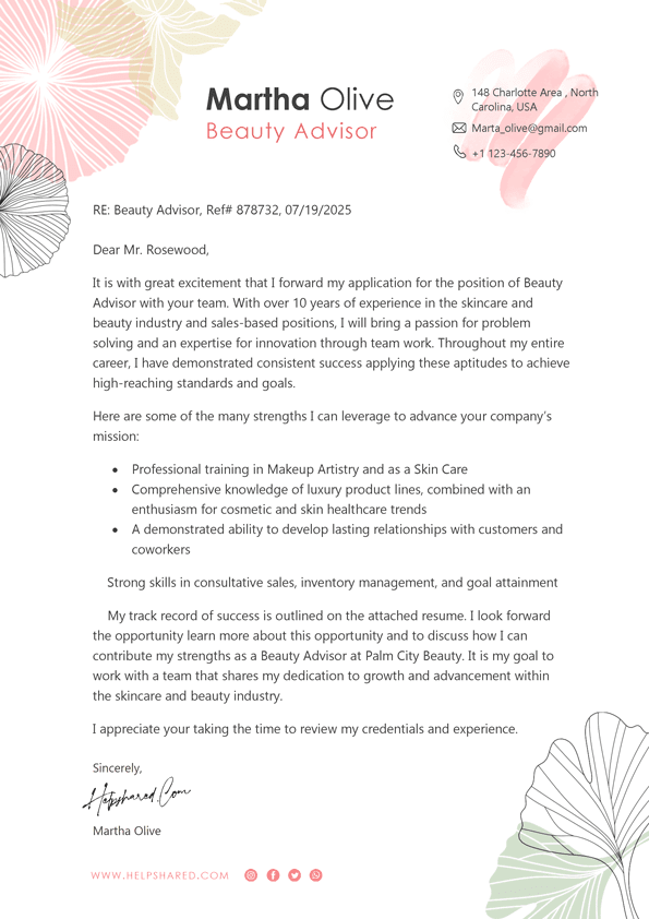 Beauty Advisor cover letter