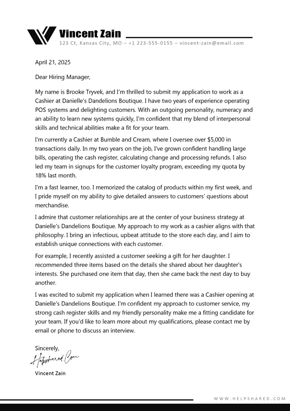 Cashier cover letter