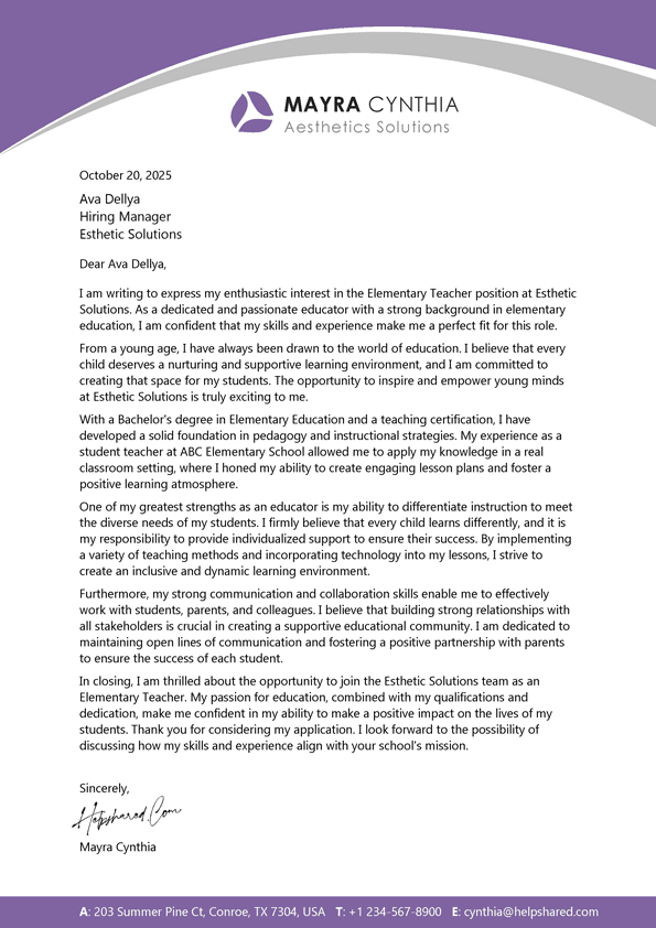 Elementary School Teacher cover letter
