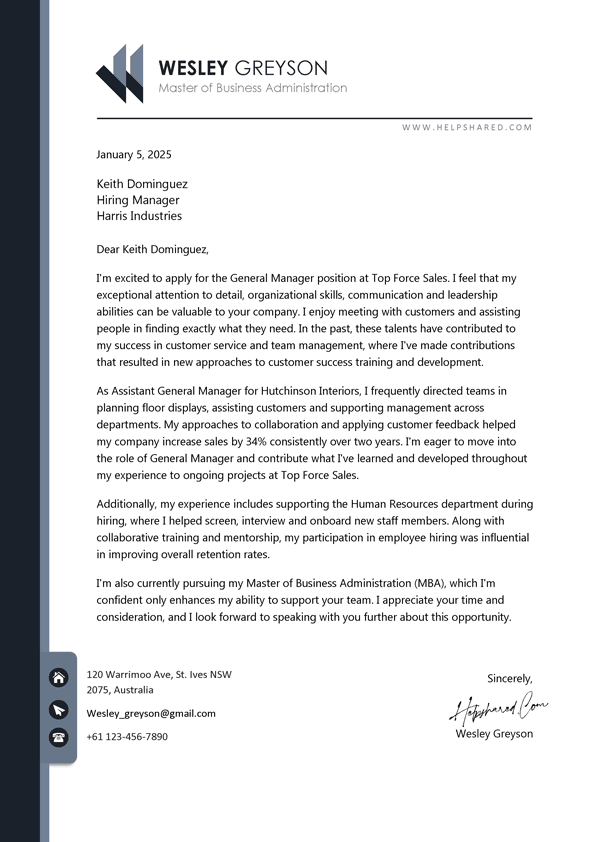 General Manager Cover Letter General Manager cover letter