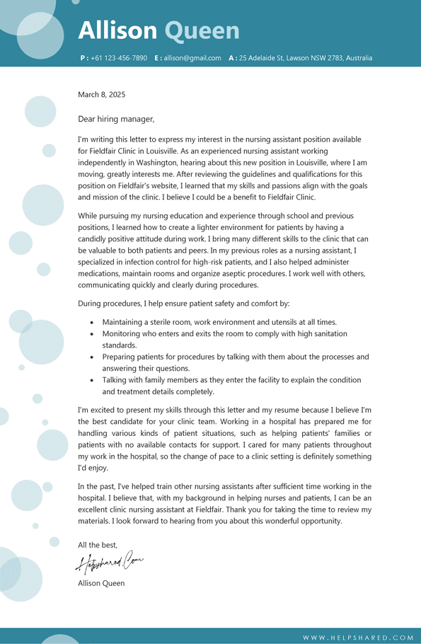 Nursing Assistant cover letter
