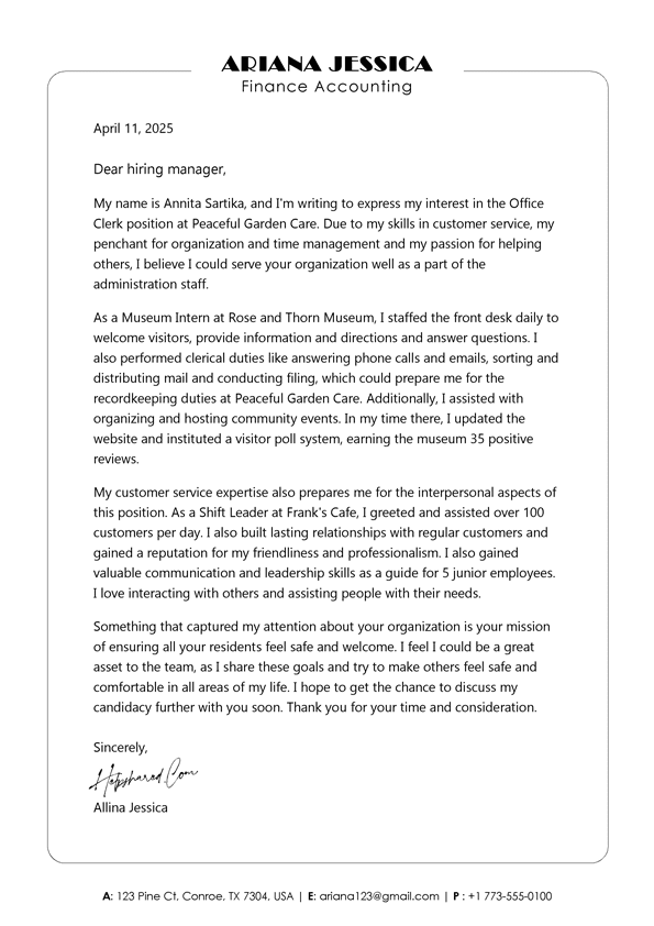 Office clerks cover letter