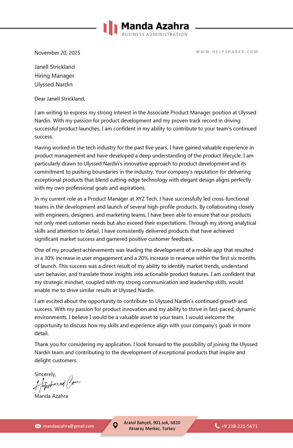 Product Manager cover letter