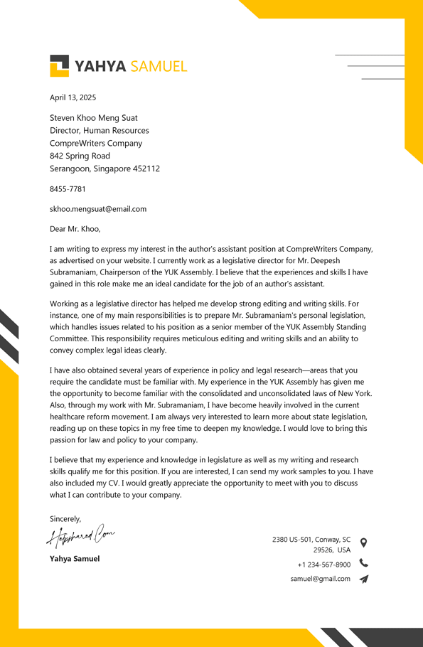 Profesional Assistant cover letter