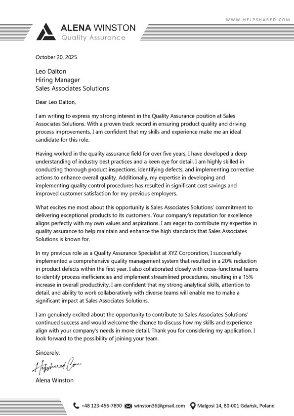 Quality Assurance cover letter