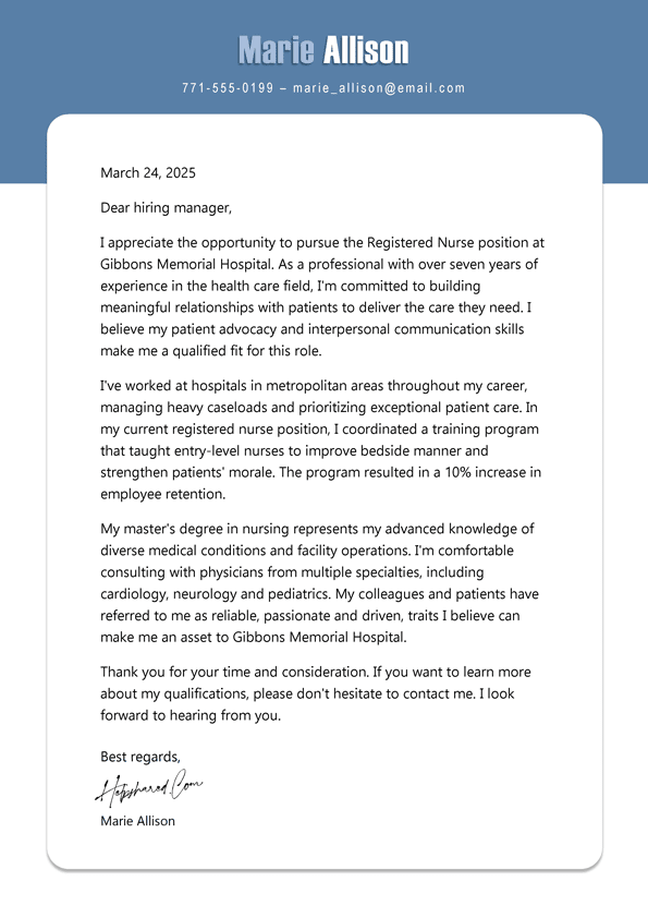 Registered Nurse cover letter