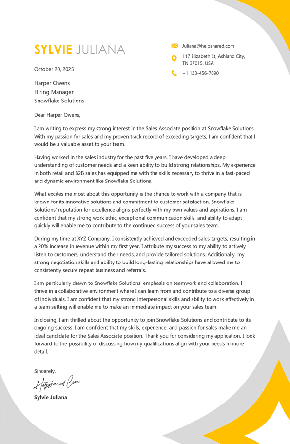 Retail Sales Associate cover letter