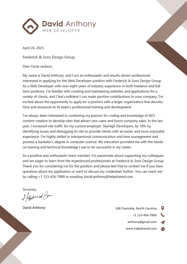 Web Developer Cover Letter Web Developer cover letter