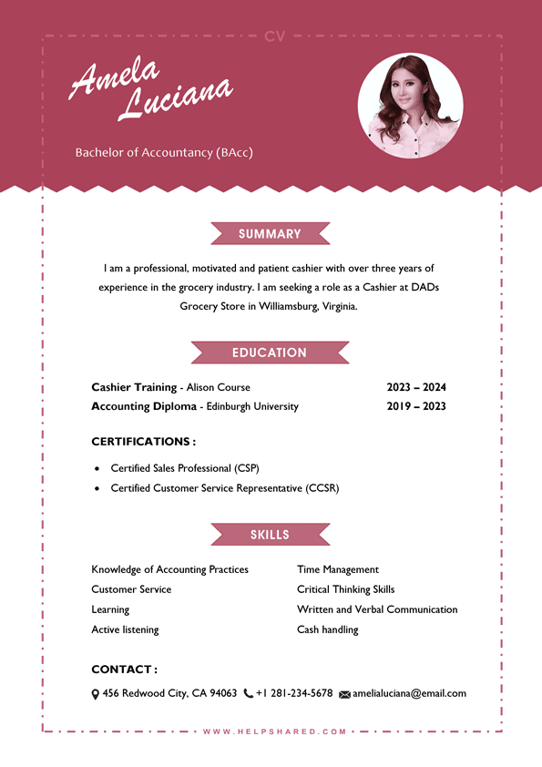 cashier resume cv template