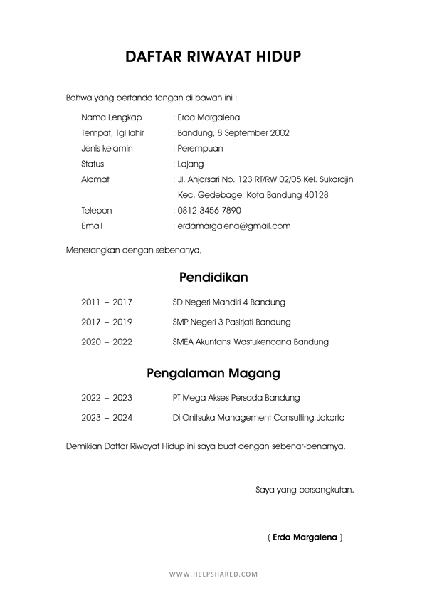 contoh daftar riwayat hidup