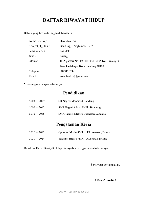 daftar riwayat hidup formal