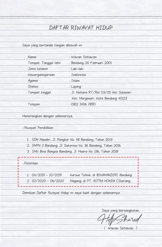 daftar riwayat hidup tulis tangan fresh graduate