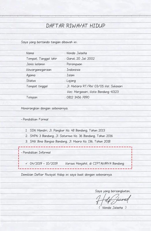 daftar riwayat hidup tulis tangan lulusan smk