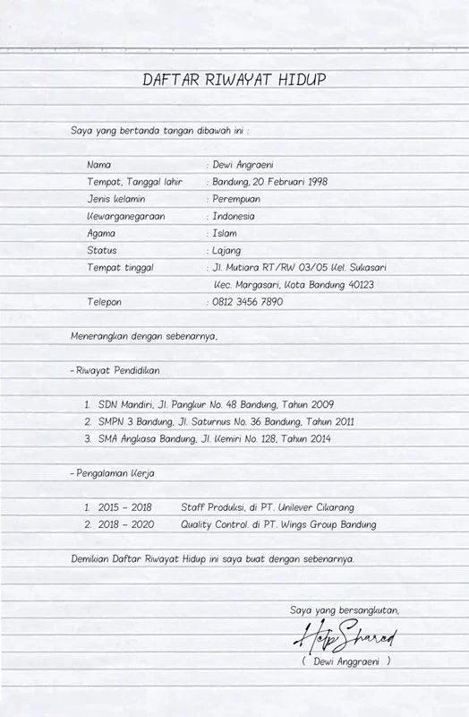 surat Daftar Riwayat Hidup tulis tangan