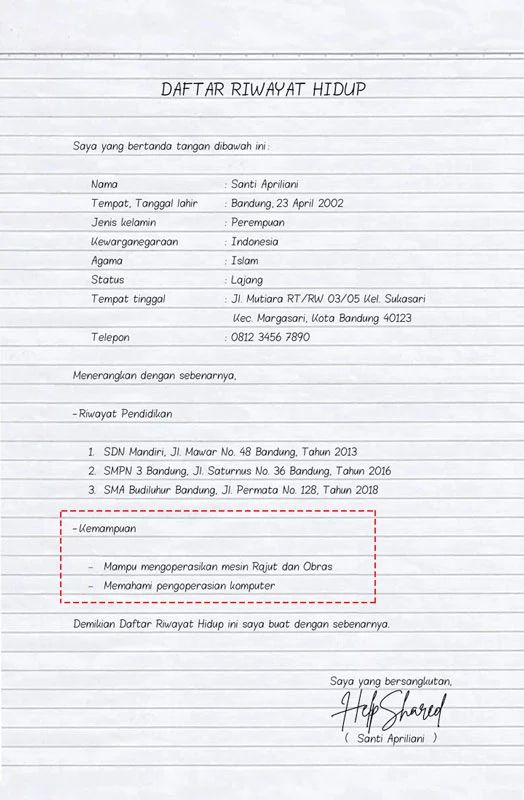 contoh daftar riwayat hidup tulis tangan dikertas folio