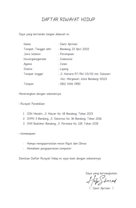 Daftar Riwayat Hidup CV tulis tangan kertas polos