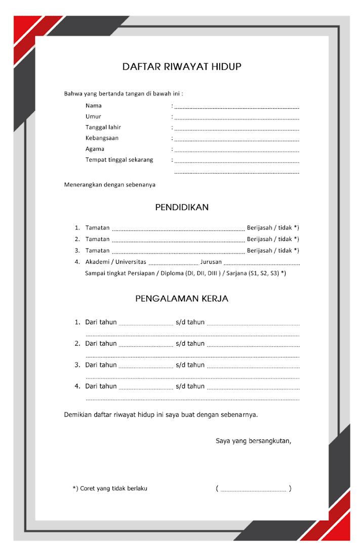 surat daftar riwayat hidup kosong