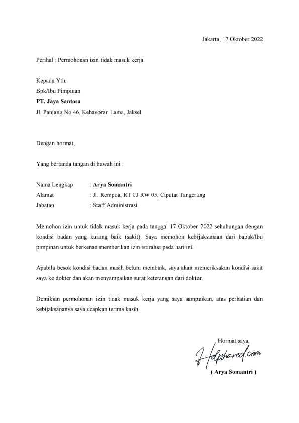 contoh surat izin tidak masuk kerja