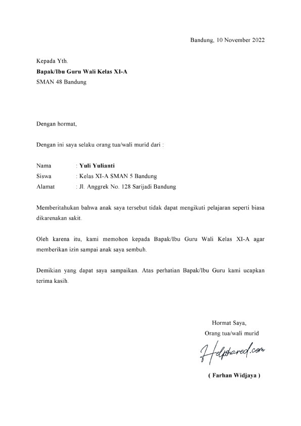 surat izin sakit tidak masuk sekolah