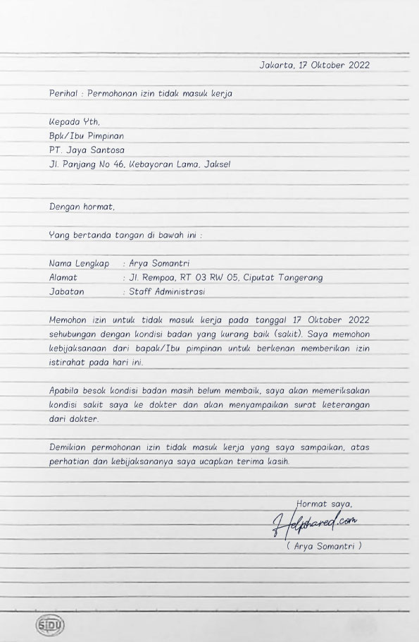 surat izin tidak masuk kerja