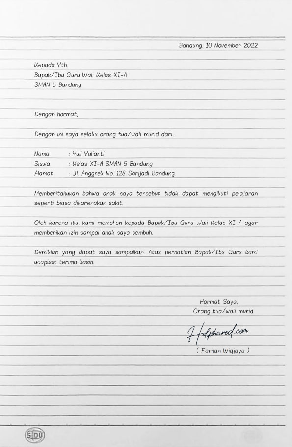 contoh surat Izin sakit sekolah tulis tangan