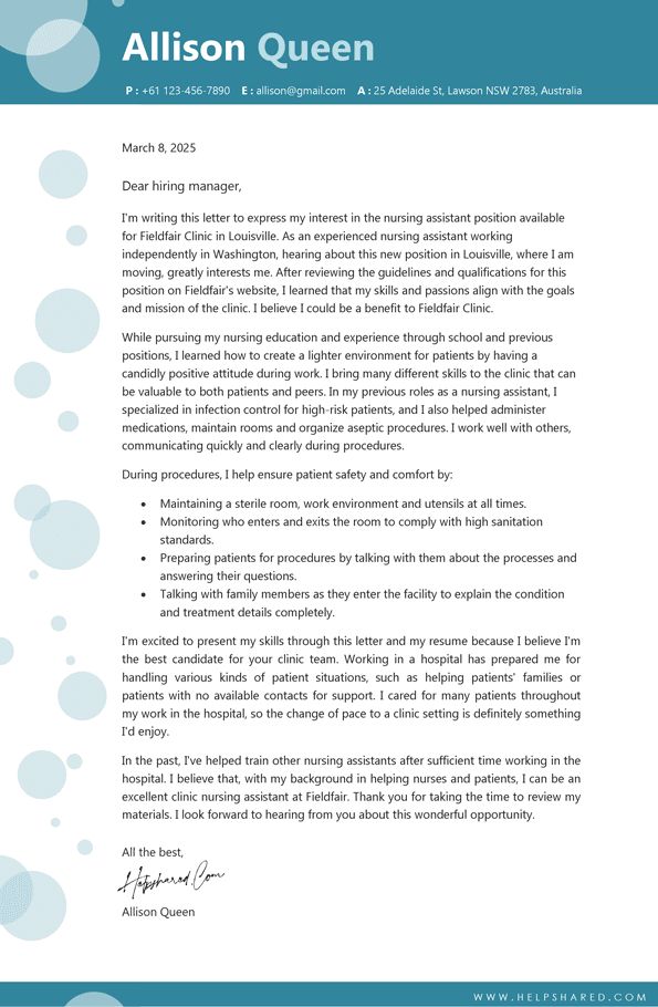 Nursing Assistant Cover Letter Nursing Assistant cover letter