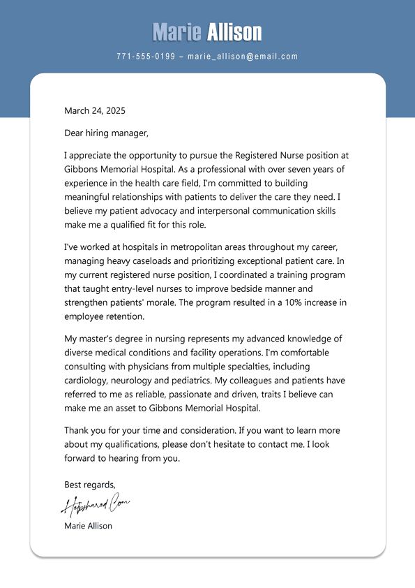 Registered Nurse Cover Letter Registered Nurse cover letter