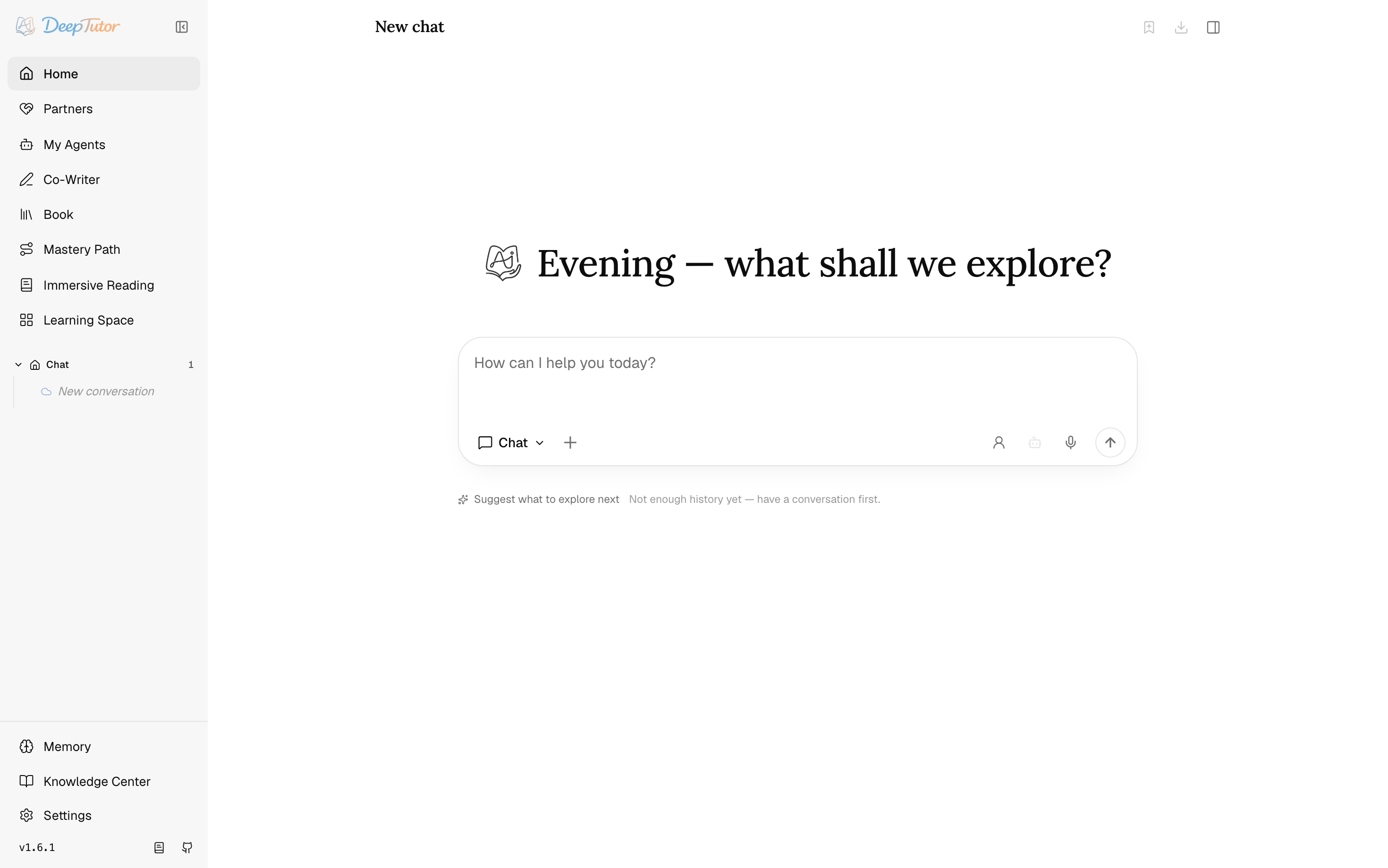 DeepTutor home — the Chat workspace with every surface in the sidebar