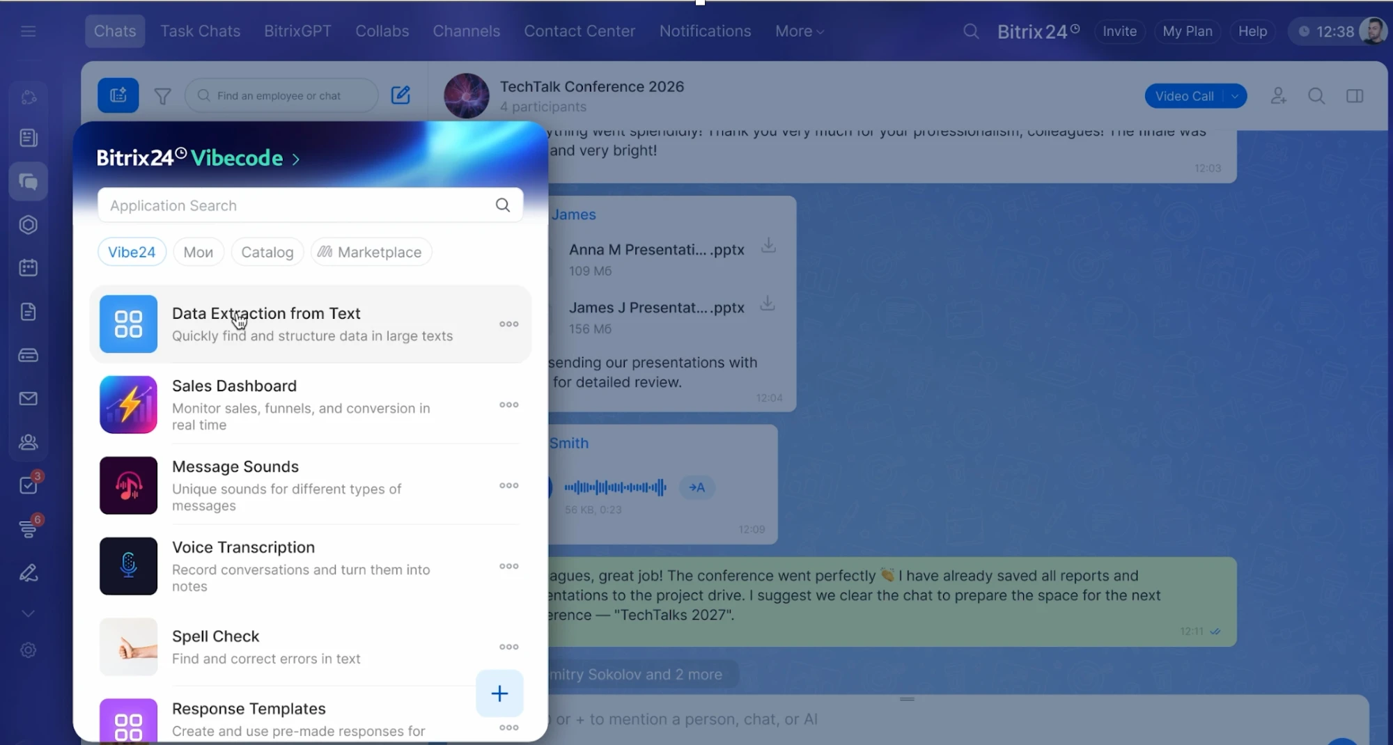 Bitrix24 Vibecode 應用面板，列出可加裝的小型應用