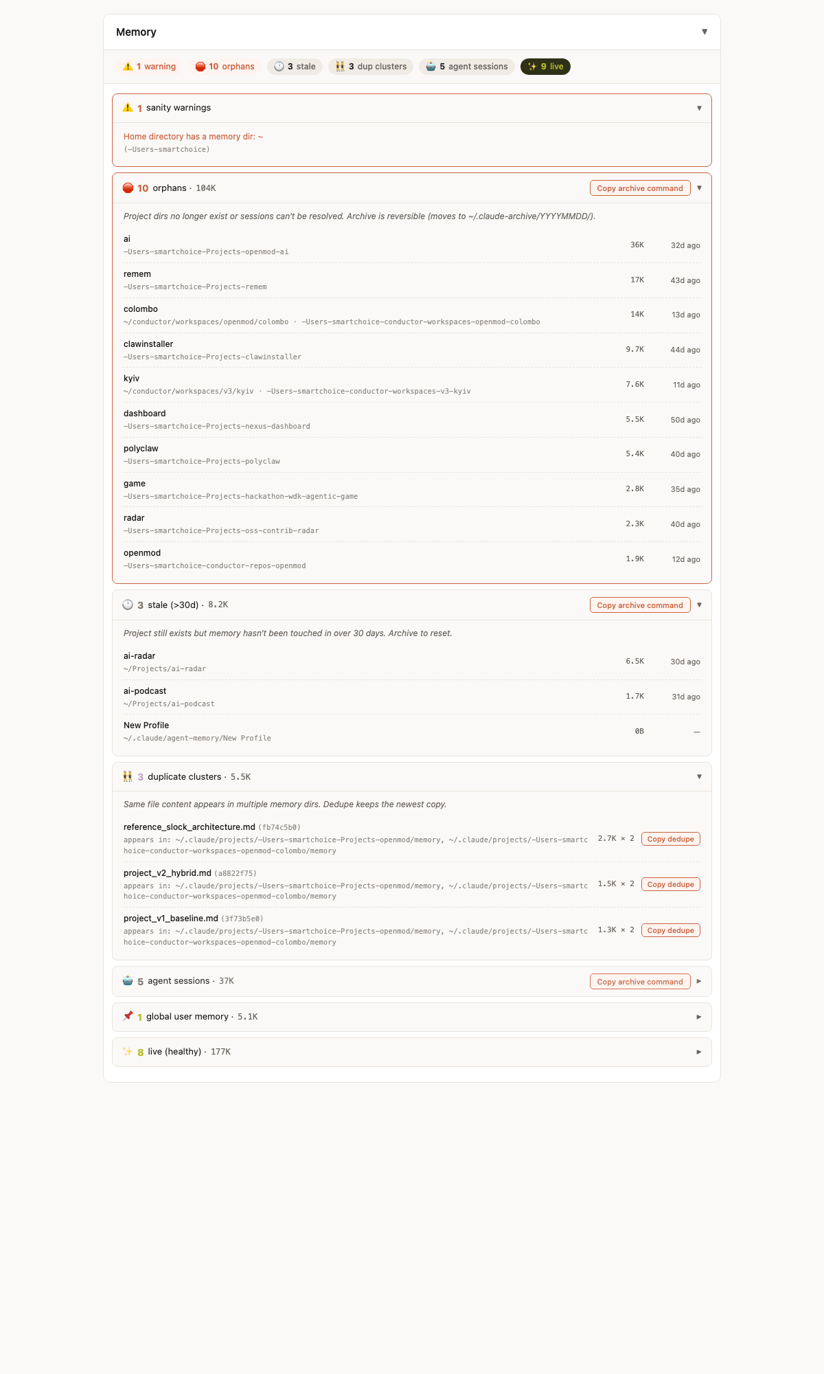 Memory Hygiene view — grouped cleanup recommendations