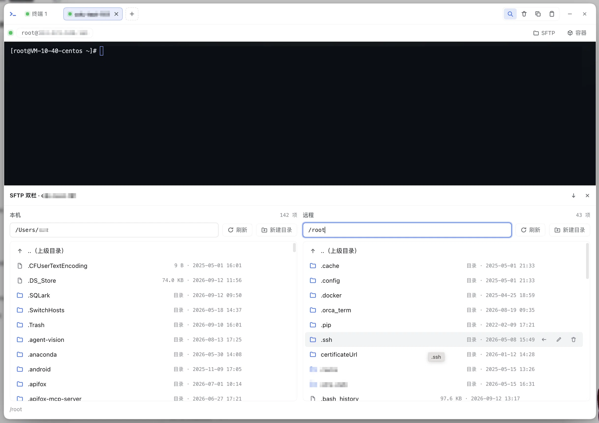 SFTP 双栏（0.9.0；0.16.0 起挂在终端下方抽屉）：左本机 / 右远程，行内 ⇨/⇦ 服务端直传
