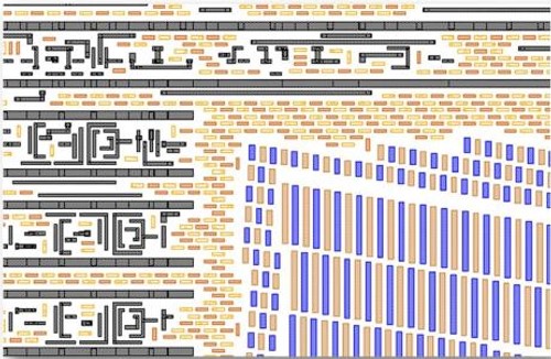 an image showing metal fill for even density. This image shows the fill in two colors because they will be decomposed and printed on two separate masks.