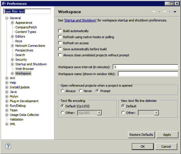Eclipse Preferemces General Workspace
